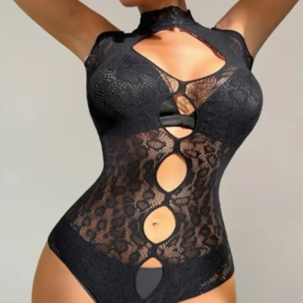 Black Hollow Out Leopard Pattern Choker Top Fishnet Teddy Bodysuit